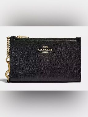 Coach Zip Chain Card Case. Black leather wallet.